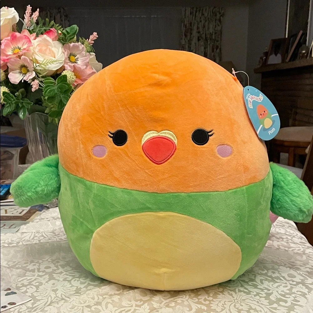 New W/Tags Squishmallow Vibrant Orange and Green Bird Plush Height 14 inches